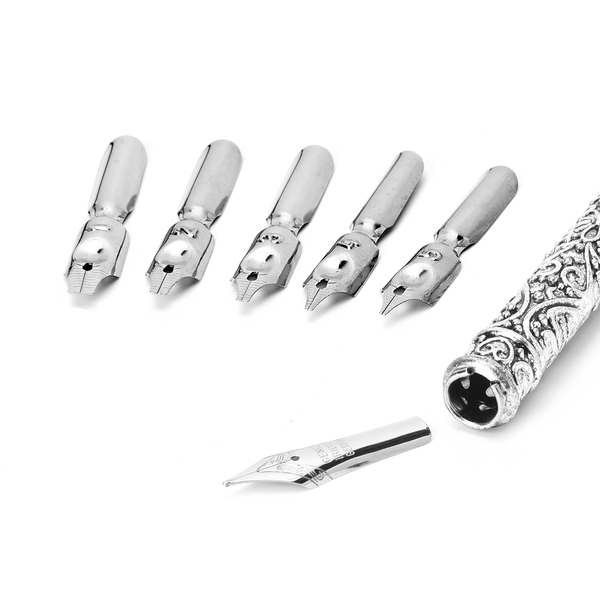 Set of Burgundy Feather Pen with Pen Stand, Black Ink (15ml) and 6-Different Nip Shapes in Silver Tone