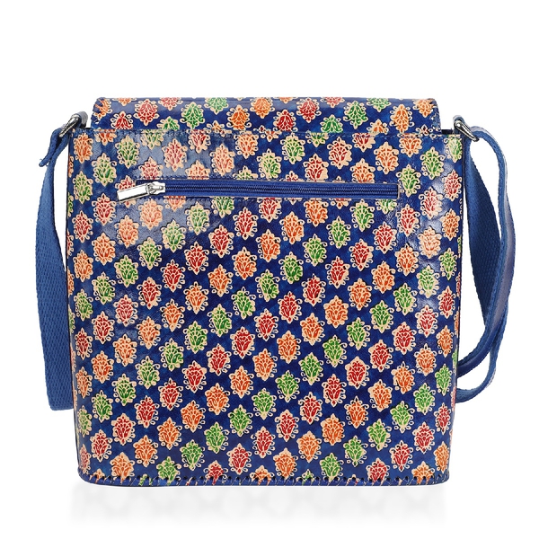 SUKRITI 100% Genuine Leather Floral Pattern Crossbody Bag (Size 28x33x11 Cm) - Navy Blue