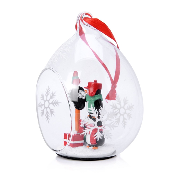 Home Decor - Set of 2 - Snowflake Glass Ornament with Two Penguins Inside (Size 11X7 Cm)