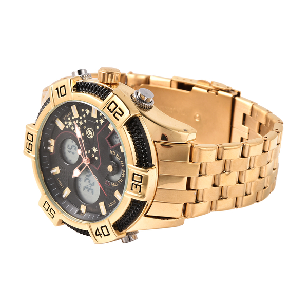 GENOA Two-Movement Watch with Multi Functional Buttons in Black and Gold Tone