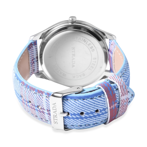 2 Piece Set - Multicolour Checker Pattern Scarf and STRADA Japanese Movement Austrian White Crystal (Rnd) Water Resistant Watch in Stainless Steel with Blue Colour Strap and Wine Red Dial