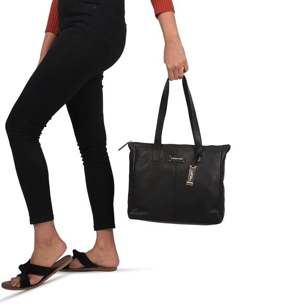 Union Code 100% Genuine Leather Black Tote Bag and RFID Wrislet with Zipper Closure