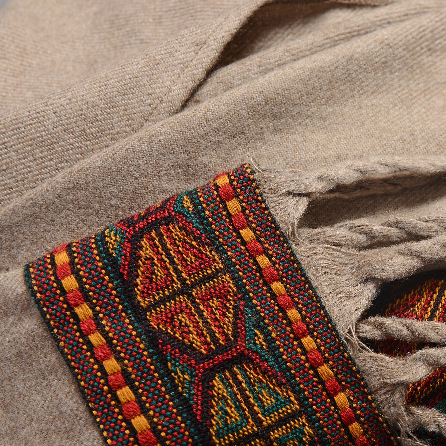 Hand Woven Traditional Kullu Weave Poncho with Woollen Border (Size 96.52x76 Cm) Khaki and Multi Colour