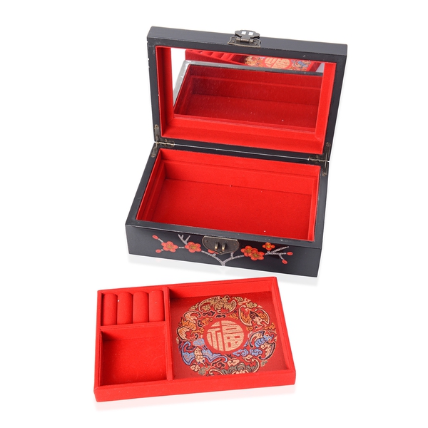 2 - Layer Plum Blossom Pattern Jewellery Box with Inside Mirror and Removable Tray (Size 21x14x7.5 Cm) - Black