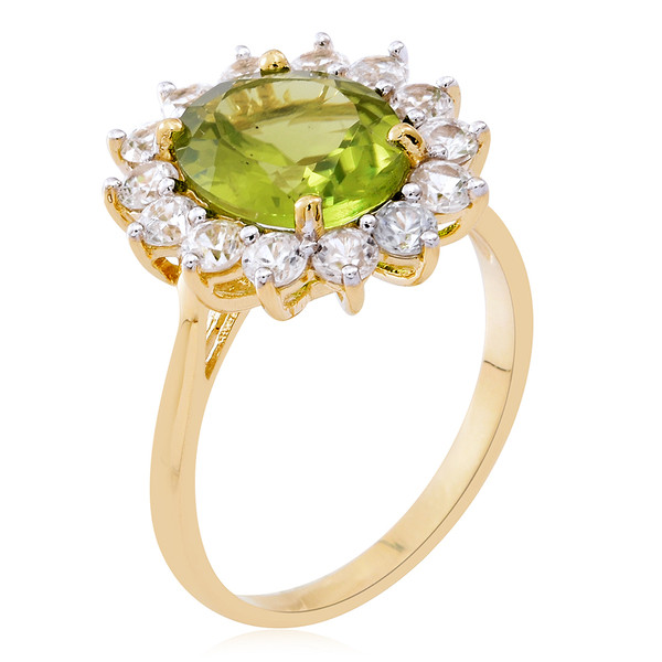 9K Yellow Gold AAAA Rare Size Hebei Peridot (Ovl 4.75 Ct), Natural Cambodian Zircon Ring 6.250 Ct. Gold Wt 3.60 Gms