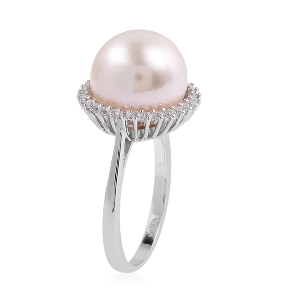 Edison Pearl (Rnd 12-13 mm), Natural Cambodian White Zircon Ring in Rhodium Overlay Sterling Silver