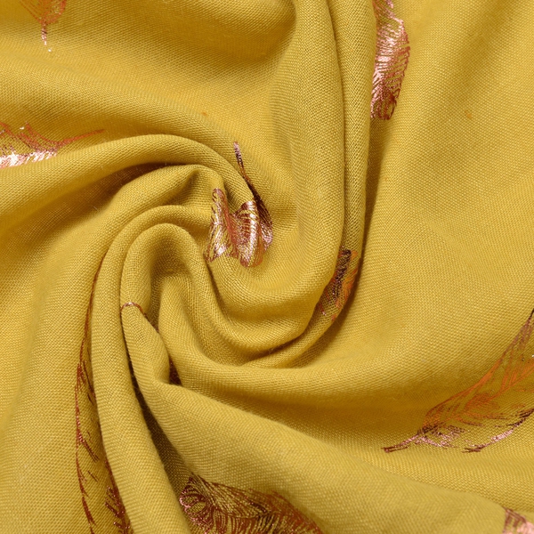 Golden Feathers Pattern Yellow Colour Scarf with Fringes (Size 180X70 Cm)