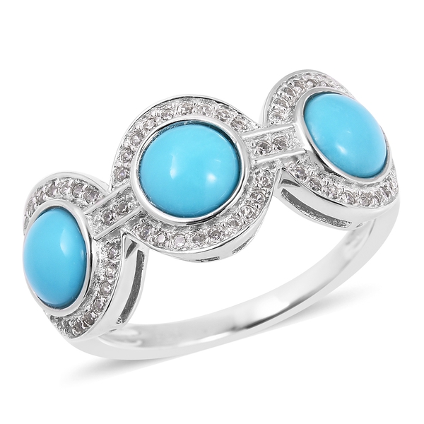 2.75 Ct Sleeping Beauty Turquoise and Triple Halo Ring in Rhodium Plated Silver