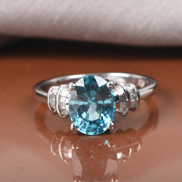 3 Ct. Ratnakiri Blue Zircon and Diamond Ring in Platinum Plated ...