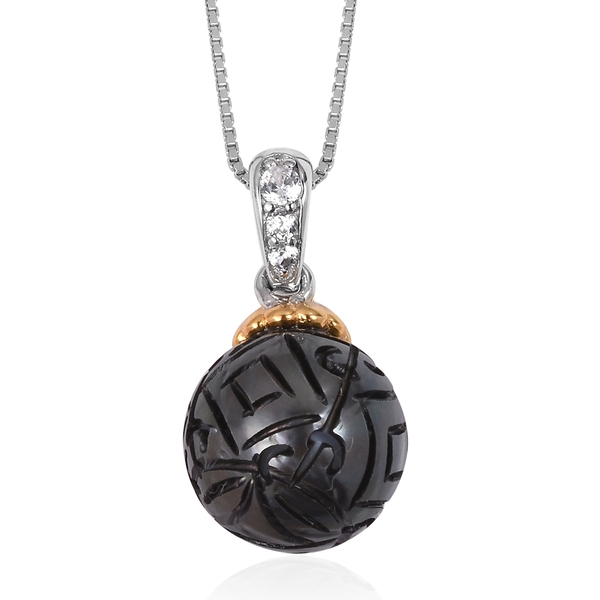Hand Carved Tahitian Pearl and Zircon Pendant with Chain in Rhodium and Gold Plated Silver