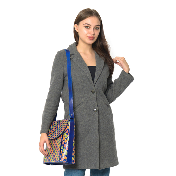 SUKRITI 100% Genuine Leather Floral Pattern Crossbody Bag (Size 28x33x11 Cm) - Navy Blue