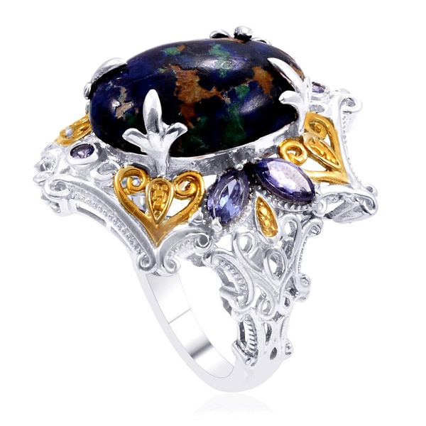 Designer Collection Azurite (Ovl 14.26 Ct), Tanzanite Ring in 14K YG and Platinum Overlay Sterling Silver 15.240 Ct.