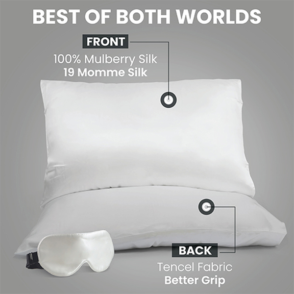Set of 2 - 100% Mulberry Silk Front Side- Pillowcase (Size 50x75cm) and Eye Mask (Size 23x10cm) - Ivory