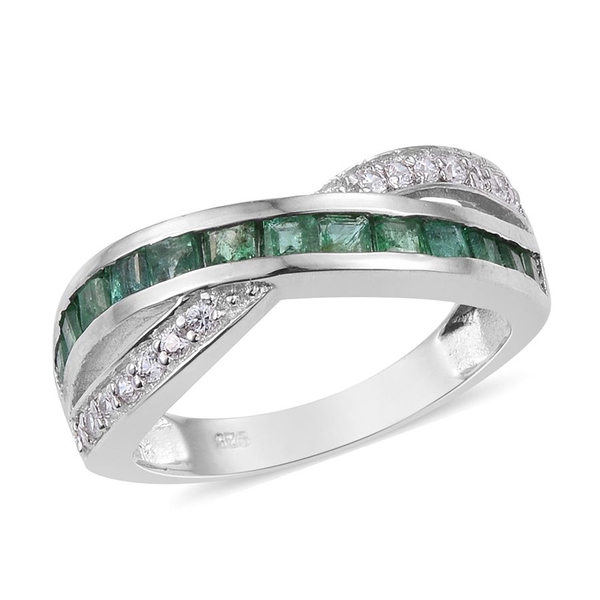 Kagem Zambian Emerald (Sqr), Natural Cambodian Zircon Criss Cross Ring in Platinum Overlay Sterling 