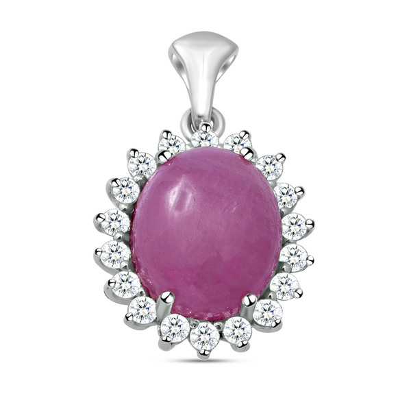 AIG Certified Natural Pink Sapphire and Natural Cambodian Zircon Halo Pendant in Rhodium Overlay Ste