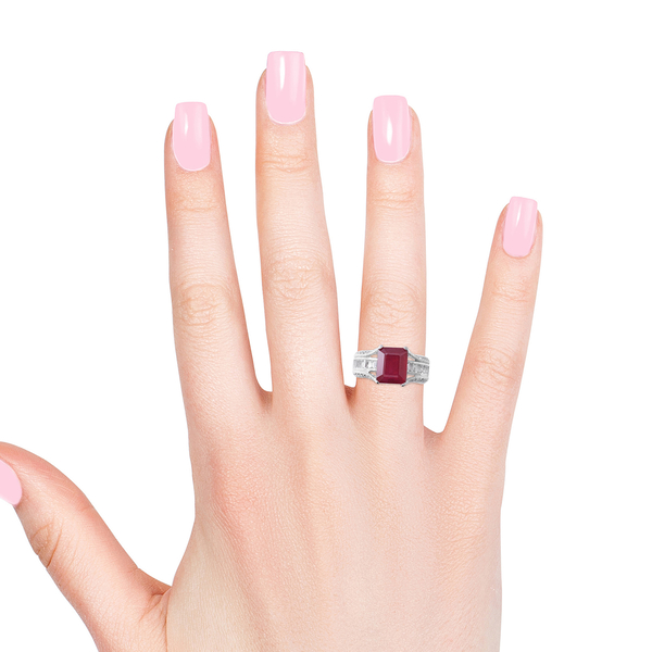 African Ruby ( Oct 7.35 Ct), White Topaz Ring in Rhodium Overlay Sterling Silver 8.850 Ct, Silver wt 5.93 Gms.