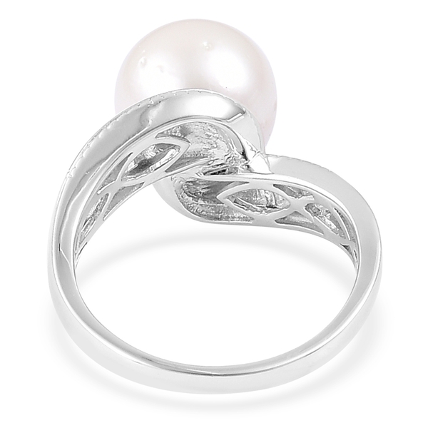 South Sea White Pearl (Rnd 11-11.5 mm), White Topaz Ring in Rhodium Plated Sterling Silver