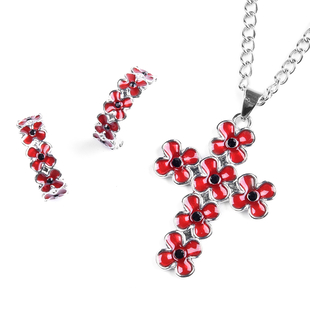 TJC Poppy Design - 2 Piece Set - Black Austrian Crystal Enamelled Floral Pendant with Chain (Size 24