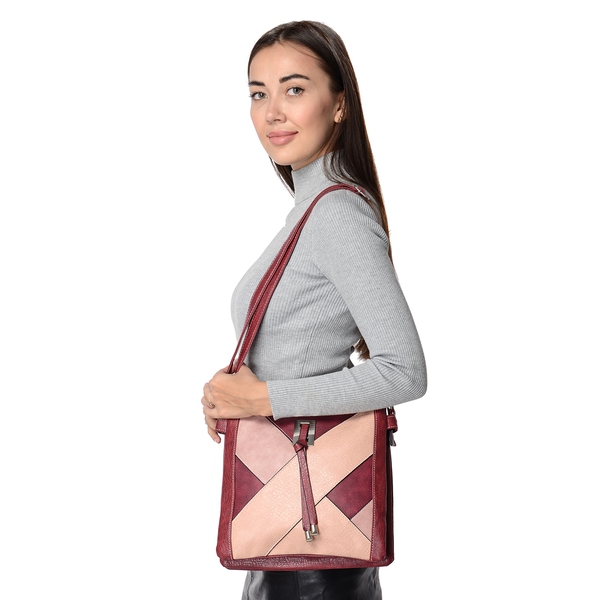 Geometric Pattern Tote Bag with Three Compartments, Adjustable Shoulder Strap and Zipper Closure (Size 27x25x5 Cm) - Burgundy