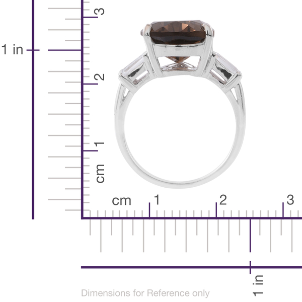 Brazilian Smoky Quartz (Pear 9.85 Ct), White Topaz Ring in Rhodium Plated Sterling Silver 10.750 Ct. Silver wt 5.08 Gms.
