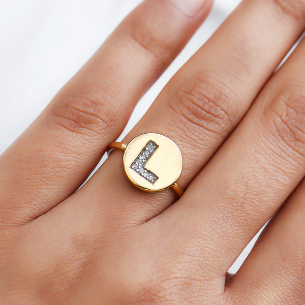 White Diamond Initial-L Ring in 14K Gold Overlay Sterling Silver
