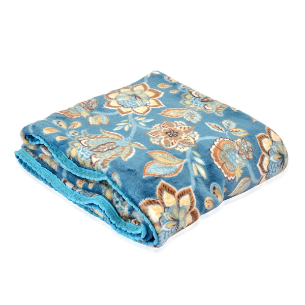 Superfine 290 GSM Microfibre Printed Flannel Blanket with Floral Design and Knitted Border 150X200 cm