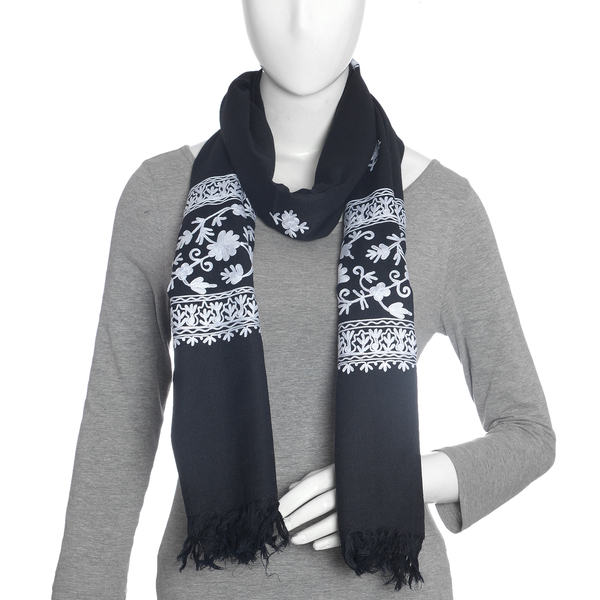 100% Merino Wool Embroidery Black Colour Scarf (Size 200x70 Cm)