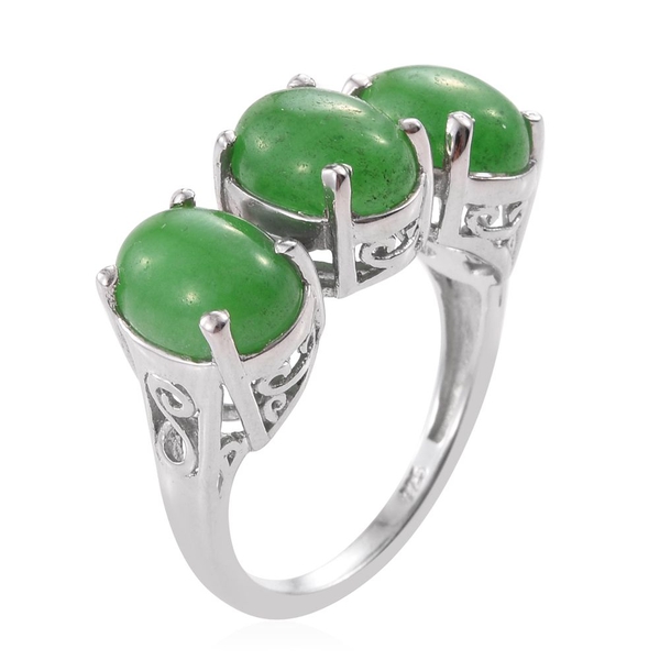 Green Jade (Ovl) Trilogy Ring in Platinum Overlay Sterling Silver 6.750 Ct.