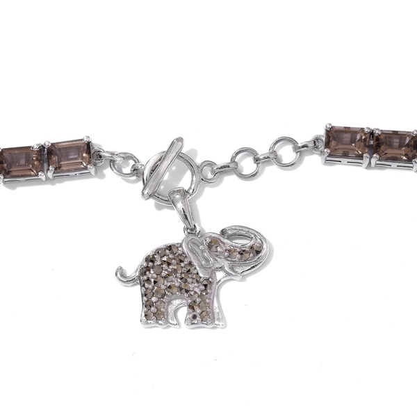 Brazilian Smoky Quartz (Oct), Swiss Marcasite Elephant Charm Necklace (Size 18) in Platinum Overlay Sterling Silver 50.750 Ct.