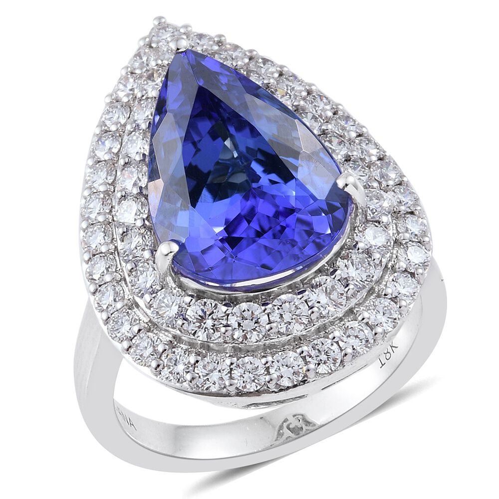 ILIANA 18K W Gold AAA Tanzanite (Pear 7.65 Ct), Diamond (SI-G-H) Ring 9.250 Ct.