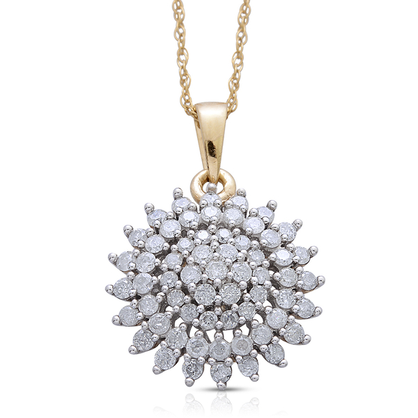9K Yellow Gold SGL Certified Diamond (Rnd) (I3/ G-H) Cluster Pendant With Chain 1.000 Ct.