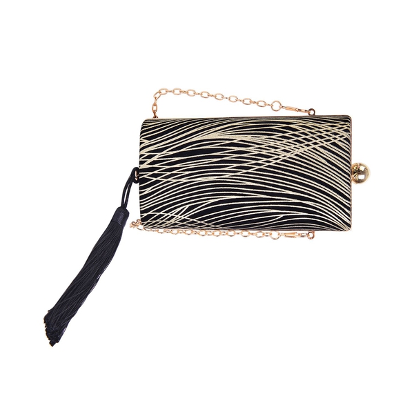 Black and Golden Colour Stripes Pattern Velvet Clutch Bag with Chain Strap in Gold Tone (Size 16X8.5