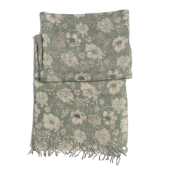 100% Merino Wool Green and Off White Colour Flower Printed Scarf (Size 190x70 Cm)