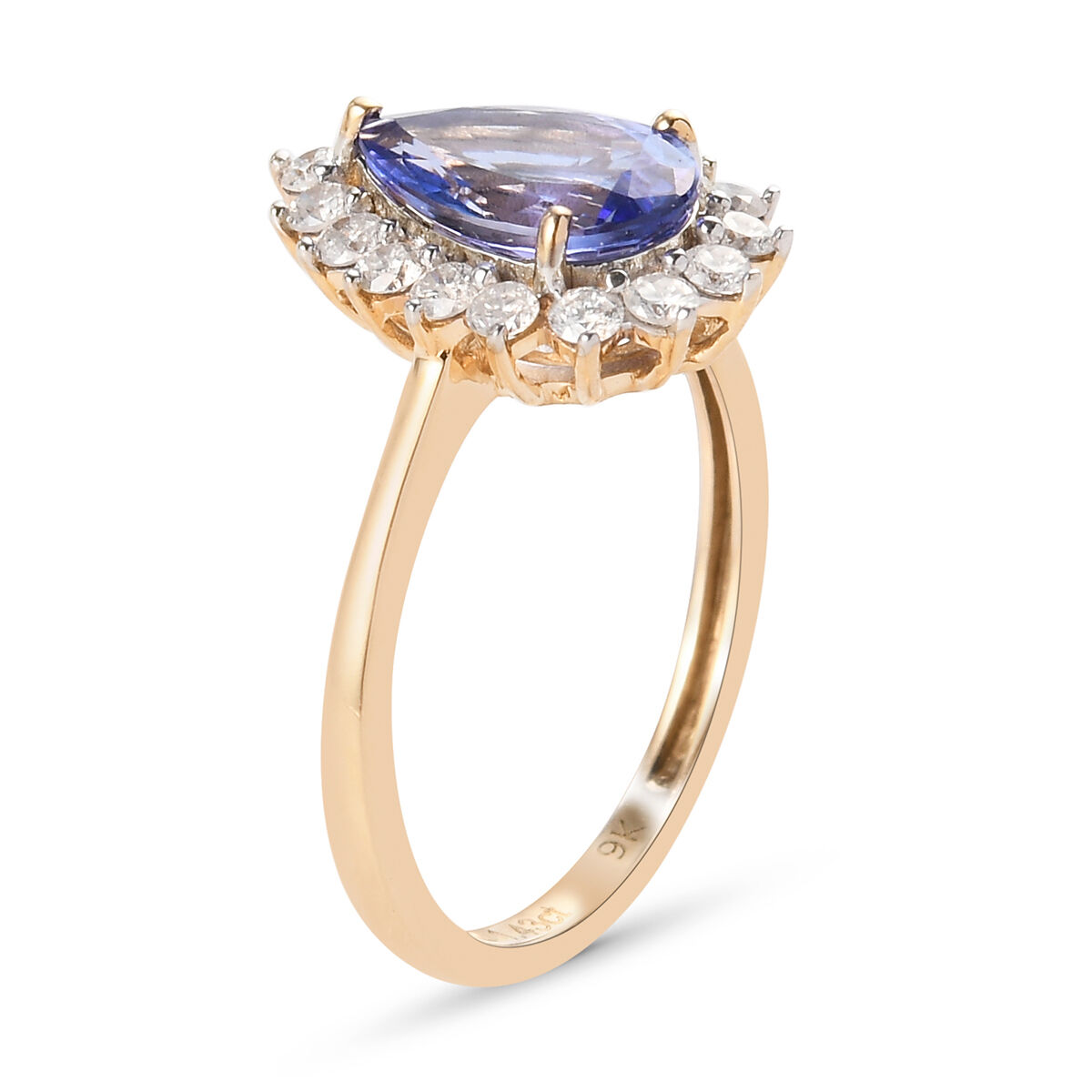 9K Yellow Gold Tanzanite and White Diamond Pear Halo Ring 1.64 Ct.