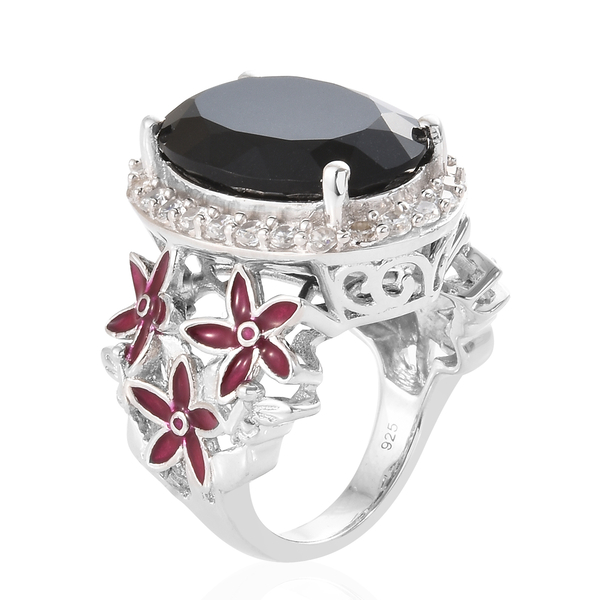 Black Tourmaline (Ovl 12.15 Ct), Natural Cambodian Zircon Ring in Platinum Overlay with Enameled Sterling Silver 13.500 Ct, Silver wt 8.67 Gms.