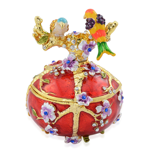 Red Colour Enameled Egg with Two Birds Trinket Box in Gold Tone Decorated with Multi Colour Austrian