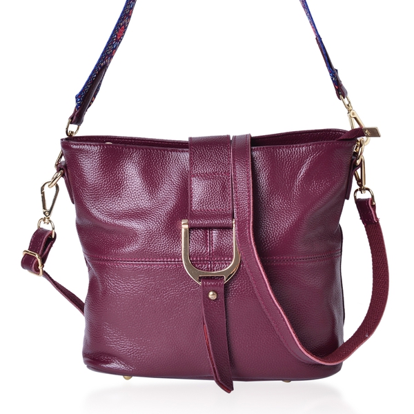 Genuine Leather Burgundy Colour Crossbody Bag with Colourful Adjustable and Removable Shoulder Strap