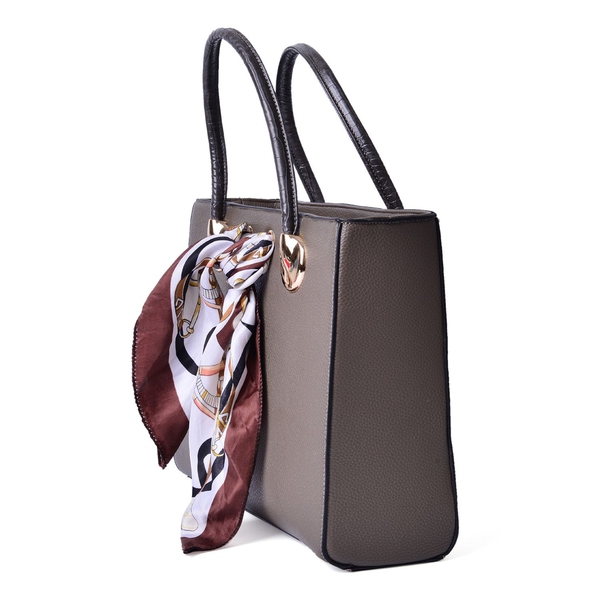 Grey Colour Large Tote Bag with External Zipper Pocket, Small Clutch and Multi Colour Scarf (Size 35x28x12 Cm, 27x13.5 Cm and 51x47 Cm)