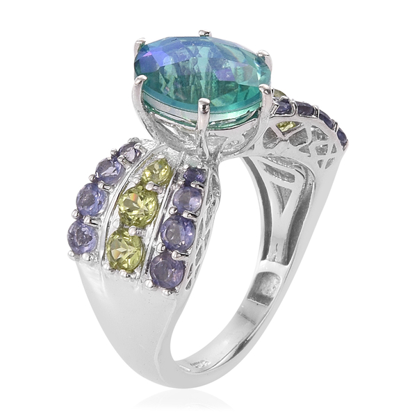 Peacock Quartz (Ovl 3.10 Ct), Iolite and Hebei Peridot Ring in Platinum Overlay Sterling Silver 4.500 Ct.