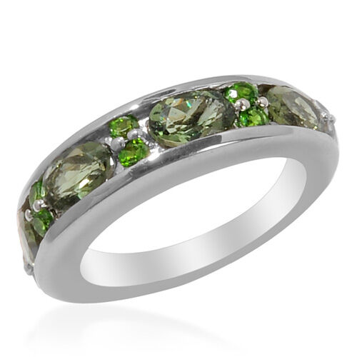 Moldavite (1.36 Ct)Russian DiopsideWhite Topaz Platinum Overlay Sterling Silver Ring   1.750  Ct.