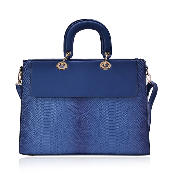 Blue Colour Snake Embossed Tote Bag with Adjustable and Removable Shoulder Strap (Size 37x27x13 Cm)