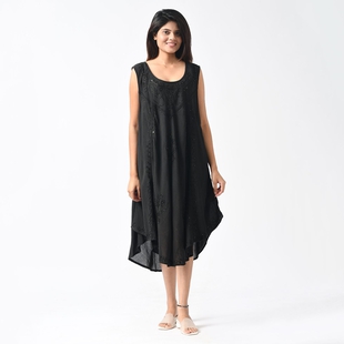 Tamsy Viscose Umbrella Dress with Sequin Floral Embroidery - Black