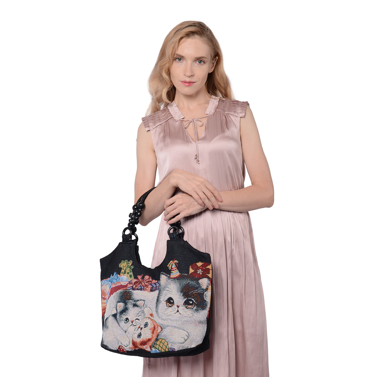 Cat Pattern Jute Handbag (38x11x29cm) - Black