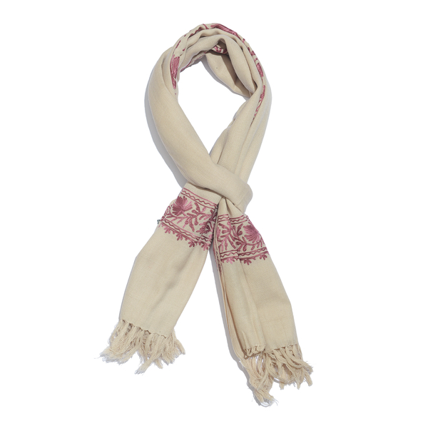 100% Merino Wool Beige and Pink Colour Floral Embroidered Scarf with Tassels (Size 180X70 Cm)