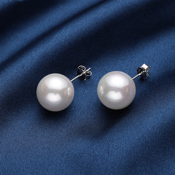 White Shell Pearl Stud Earrings (with Push Back) in Rhodium Overlay Sterling Silver