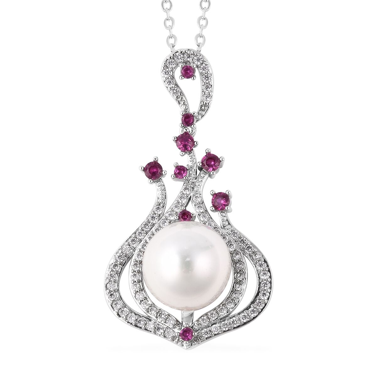 Fuchsia Crystal Size 24 TJC White Shell Pearl Chain Pendant Necklace for Women with White Cubic Zirconia 