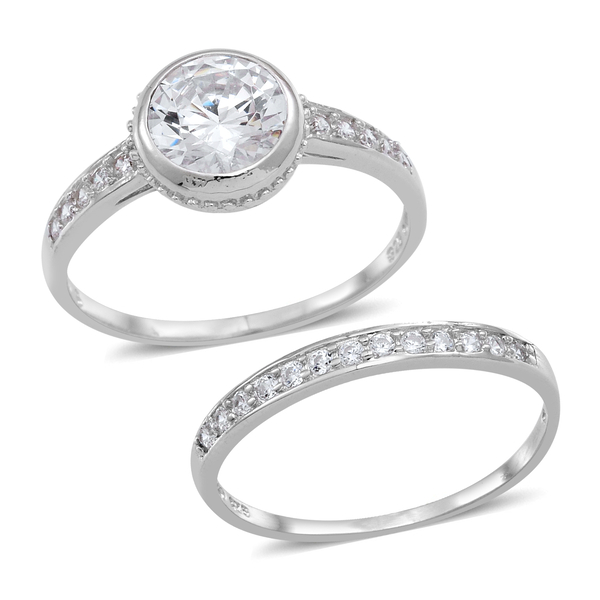 ELANZA AAA Simulated White Diamond (Rnd) 2 Ring Set in Rhodium Plated Sterling Silver
