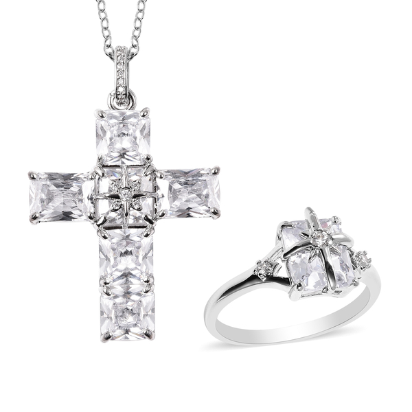 2 Piece Set - Simulated Diamond Ring and Cross Pendant with Chain (Size 20 with 3 inch Ext.) in Silv
