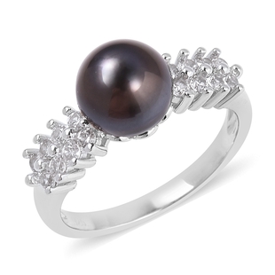 Tahitian Pearl and White Topaz Solitaire Ring in Rhodium Plated Silver