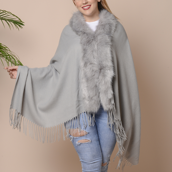 Designer Inspired Faux Fur Trimmed Cape - Silver Grey  (One Size; 170x77+10cm)